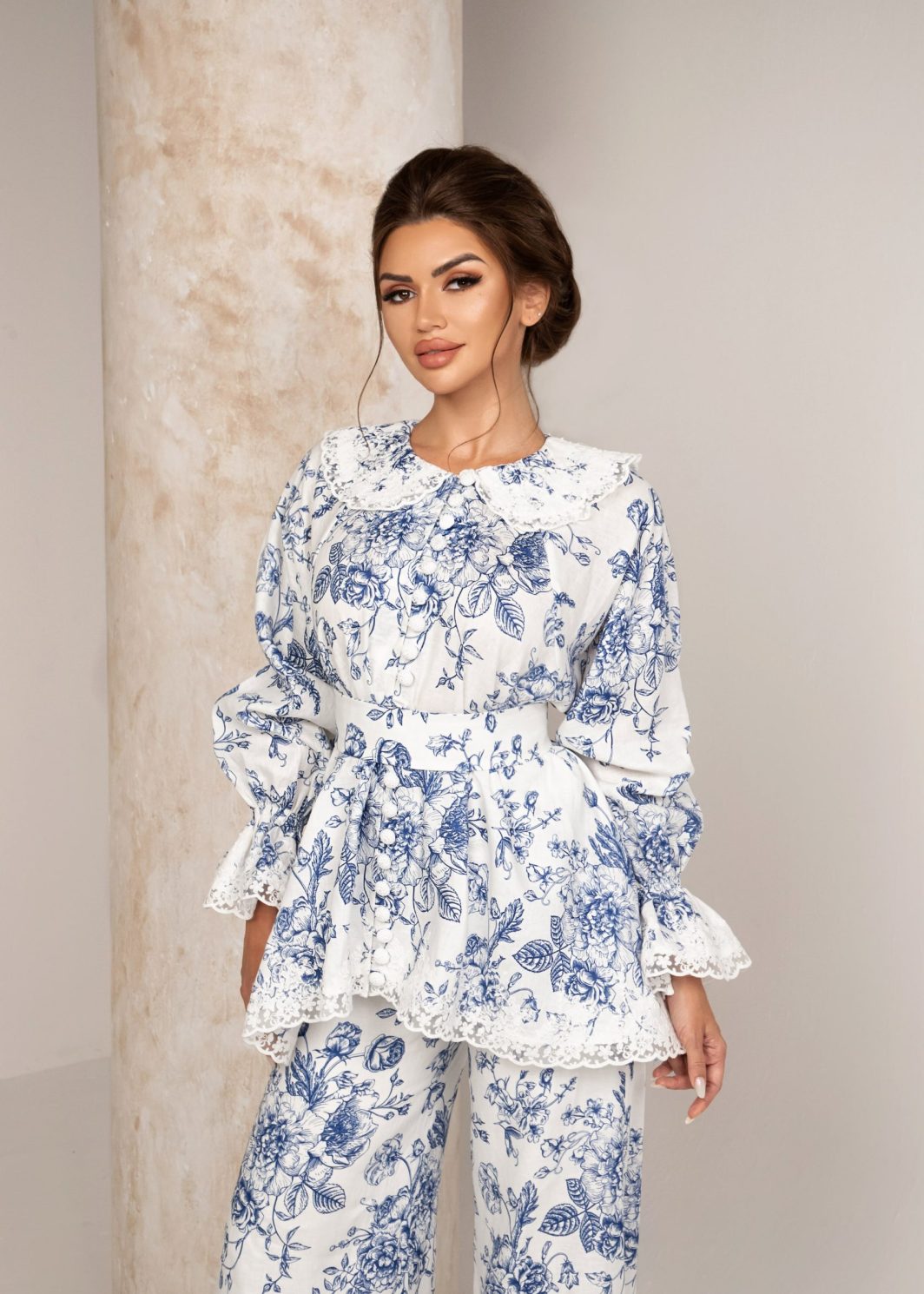 "Royal Azure Floral Linen Ensemble"